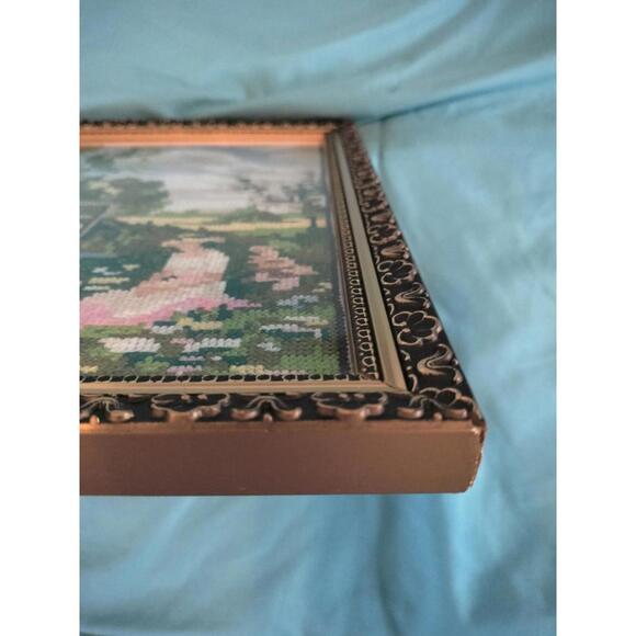 Vintage Framed Needlepoint Landscape Cottage Scene Ornate Wood Frame 10x12.5 - Picture 5 of 9